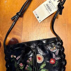 Zara Black Floral Embroidered Shoulder Bag
